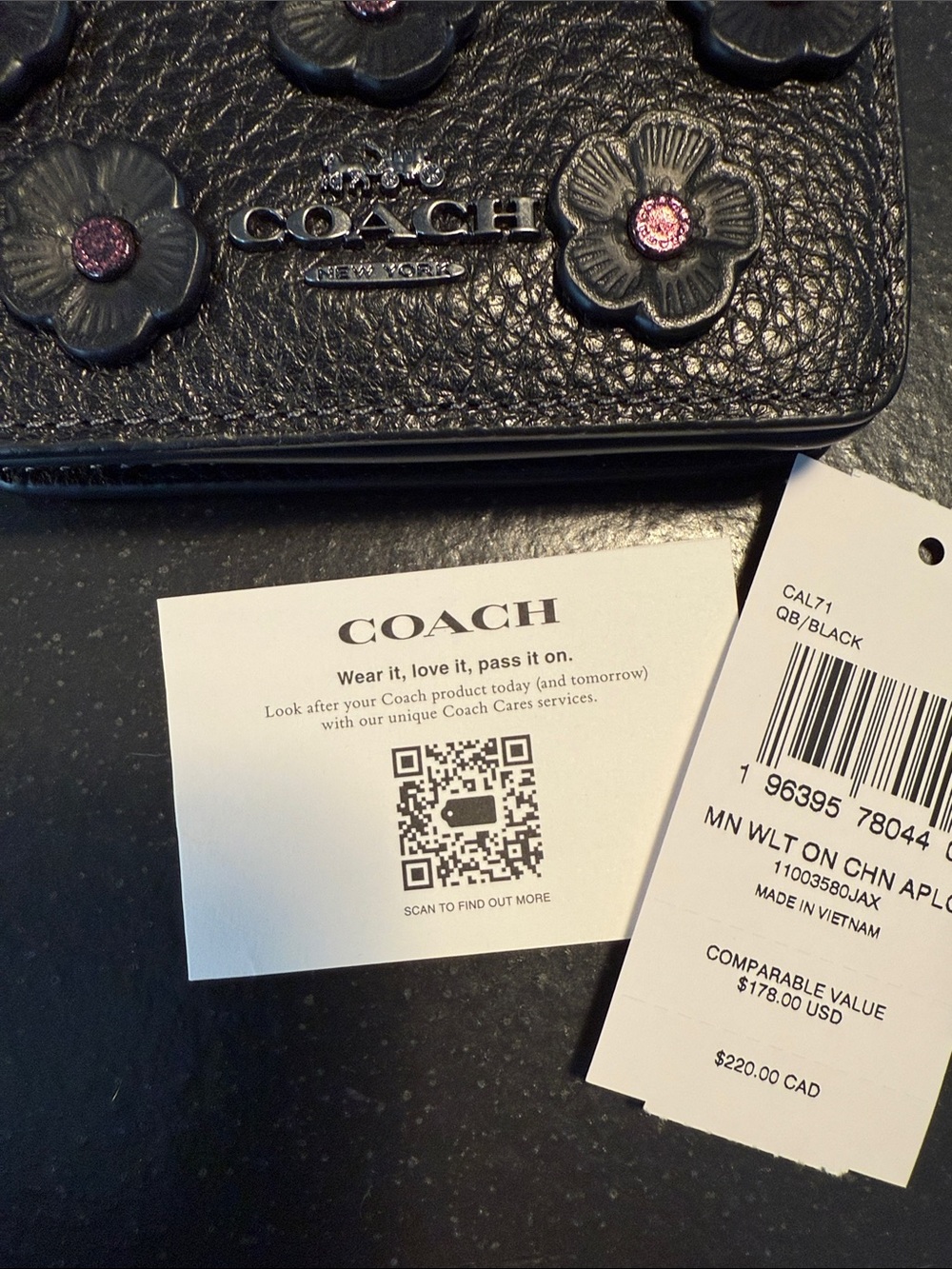 Coach Black Pebbled Leather Floral Appliqué Compact Wallet with Pink Accents - Picture 6 of 12